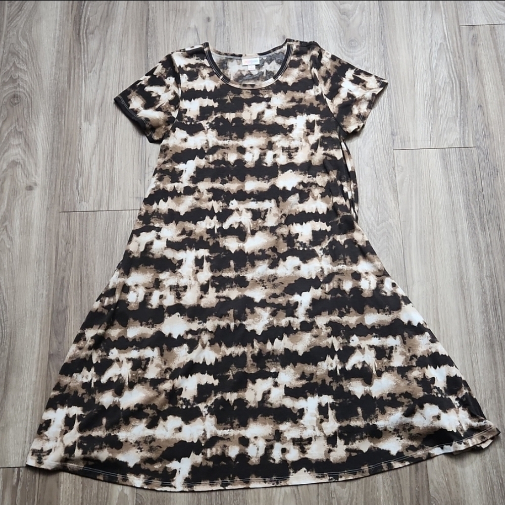 LuLaRoe Jessie Brown Tie Dye Swing Dress With Hidden Pockets Women's Small